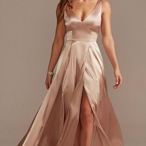 CHARMEUSE TANK V-NECK BRIDESMAID DRESS WITH SLIT, SAND, 6